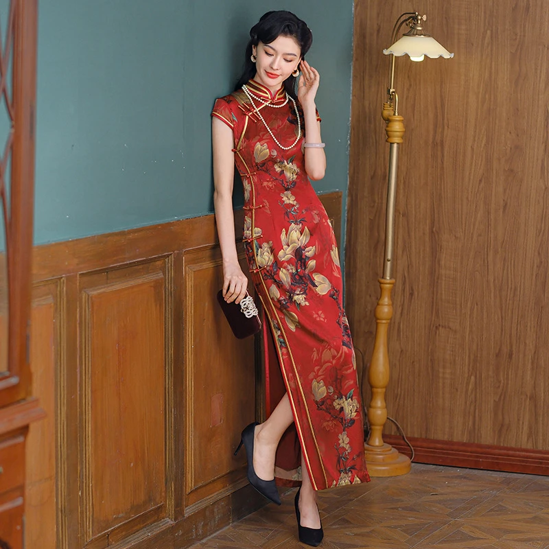 桑蚕丝真丝旗袍女复古优雅高雅婚宴敬酒高档妈妈婆婆礼服中国风