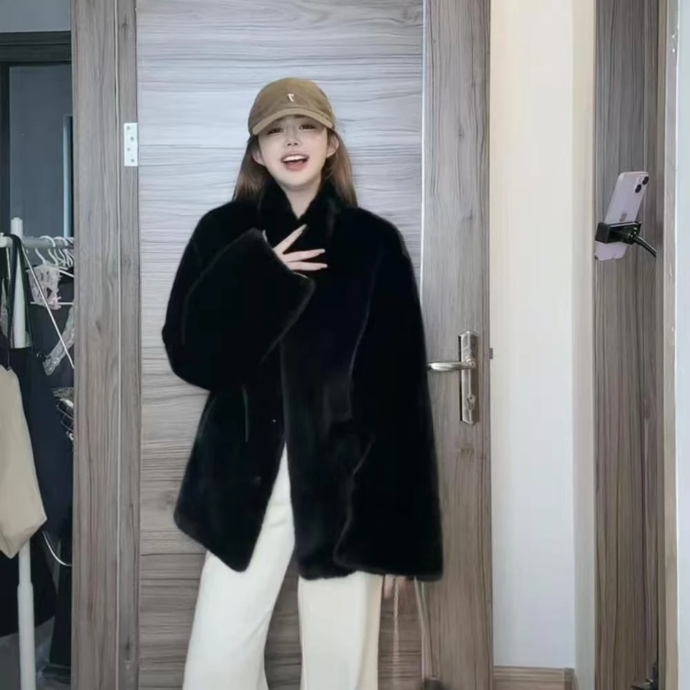 海宁25款70长宽松气质休闲简约百搭挽袖中长款保暖仿欧貂绒外套