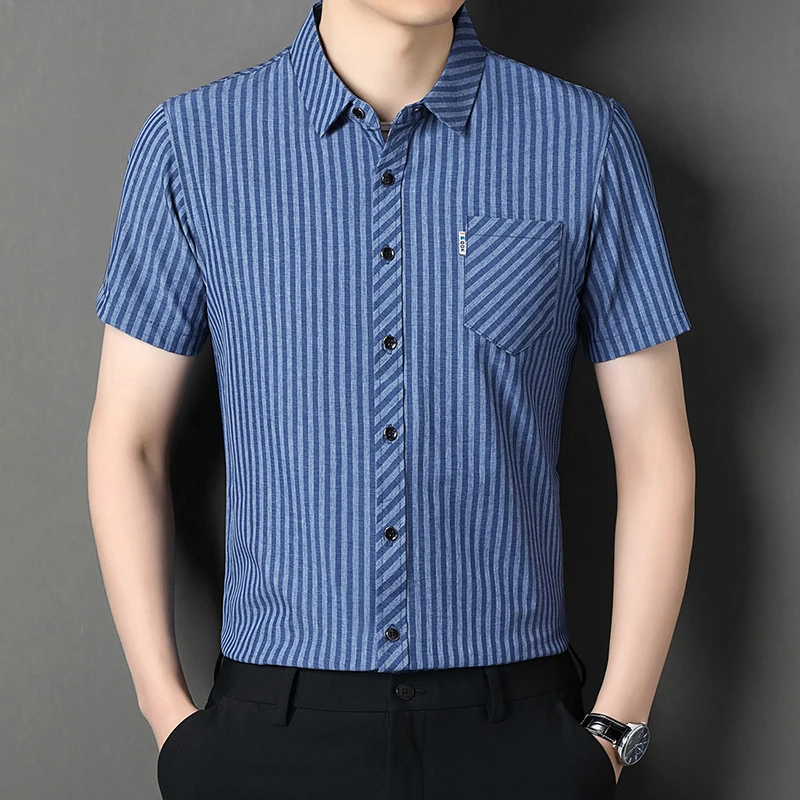 夏季男士短袖衬衫条纹带口袋时尚休闲宽松弹力带弹力男装半袖寸衫