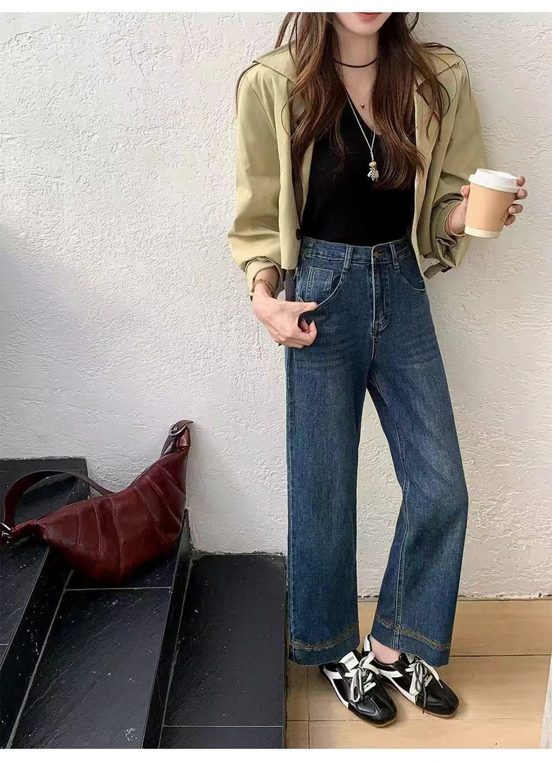 大码高腰显瘦宽松直筒牛仔裤女秋季长裤新款小个子窄版烟管裤