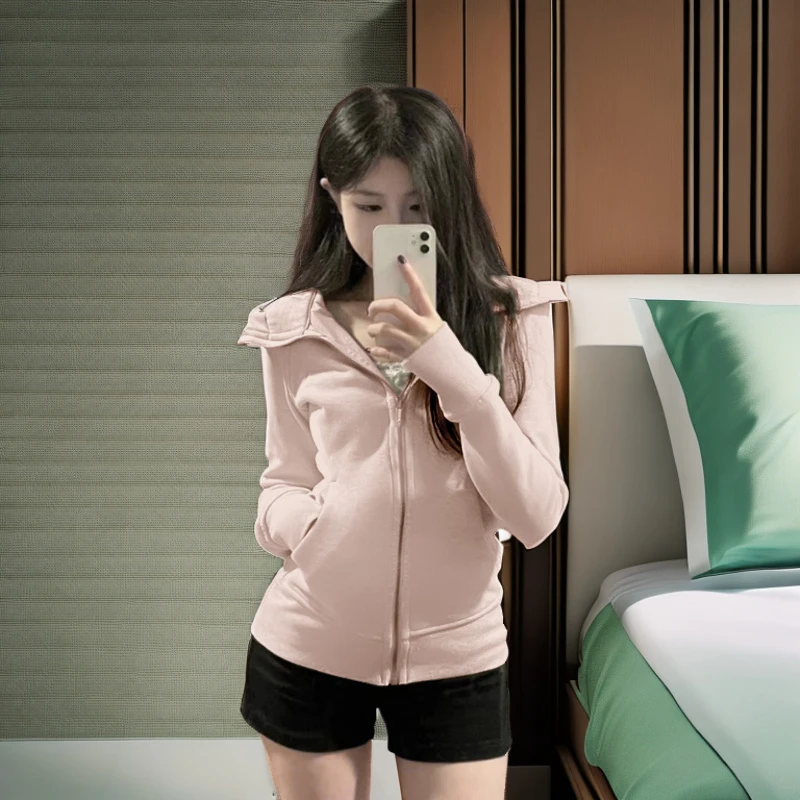 粉色修身卫衣外套女2025年新款韩系运动瑜伽拉链开衫连帽显瘦上衣