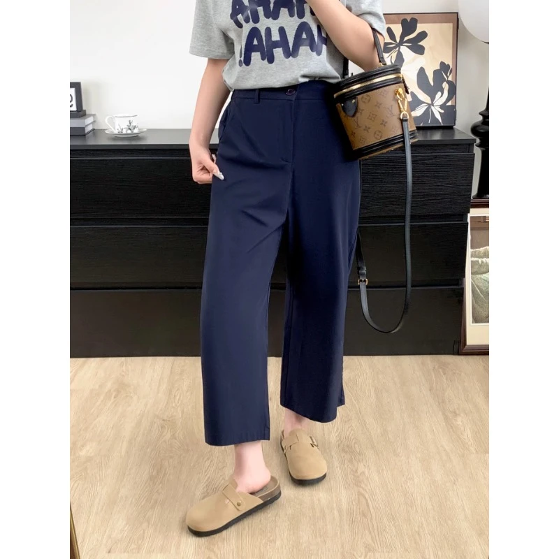 藏青色阔腿休闲裤女夏季薄款大码宽松高腰梨形身材显瘦直筒九分裤