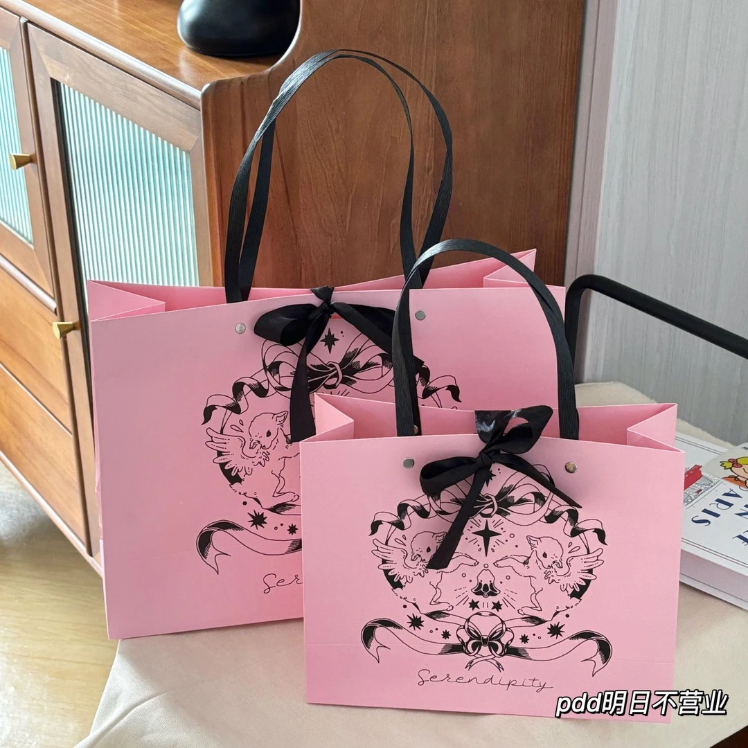 黑色绑带蝴蝶结少女礼品袋加厚纸袋大号手提情人节礼物