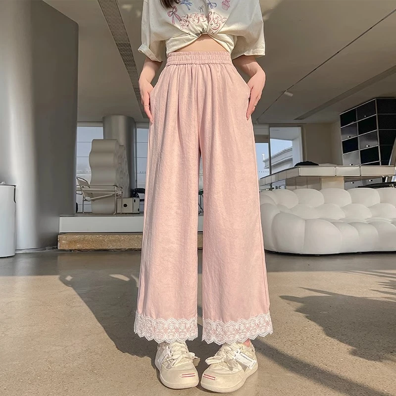粉色蕾丝花边阔腿裤女夏季高腰宽松直筒小个子九分冰丝奶芙山本裤