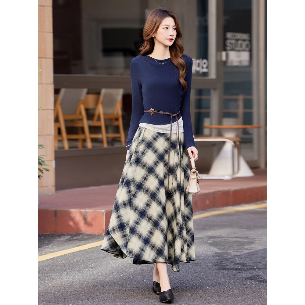 时尚套装2025秋季新款女装针织衫格纹气质显瘦半身裙两件套裙子