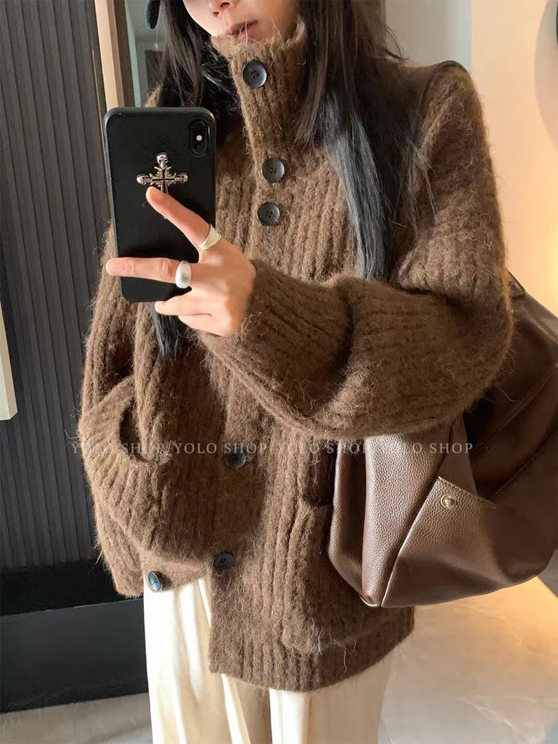 韩系慵懒老钱风高领毛衣外套女秋冬松弛感宽松针织开衫中长款上衣