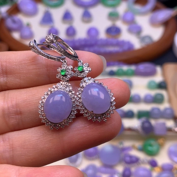 翡翠18K金镶嵌耳饰冰胶紫耳包