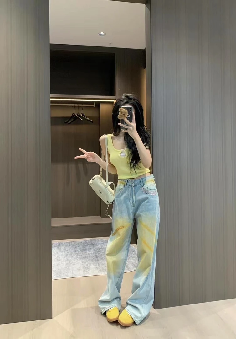 【One Boutique】新款重工印染渐变高弹力直筒时尚显瘦扎染牛仔裤