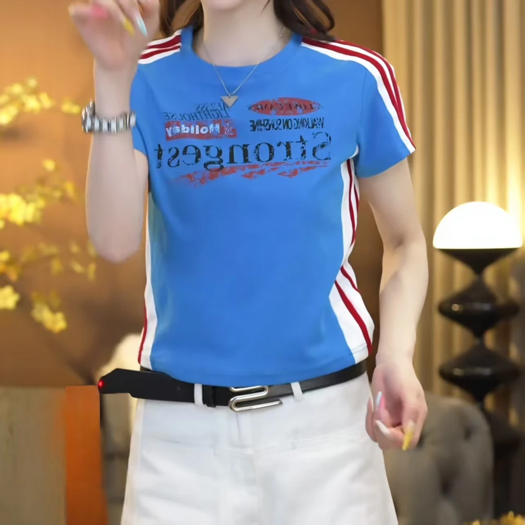 2025夏季美式撞色字母印花落肩袖短袖T塑韩版设计师款LK2501923