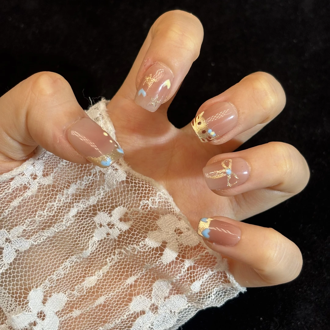 【财迷kitty】-法式显白猫眼蝴蝶结手绘  纯手工穿戴甲 10片装