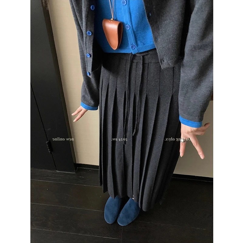 耶古Miu风深空灰针织百褶半身裙女秋冬季新款高腰显瘦垂感a字长裙