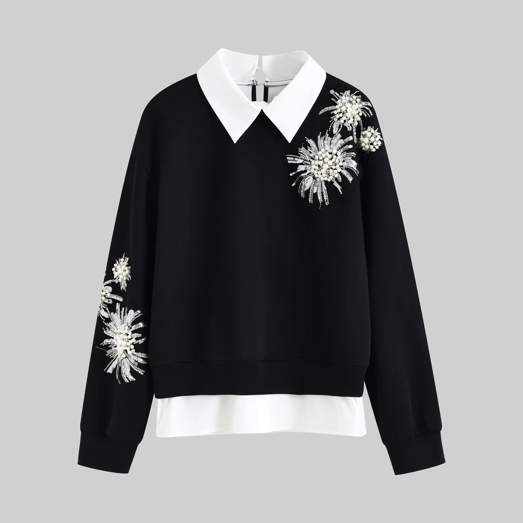 【Bamanca*】钉珠长袖女圆领衬衫小众宽松女士百搭10228