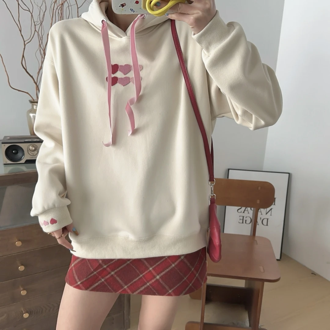 冬款防风绒加厚连帽卫衣刺绣爱心长袖百搭ins韩版学生宽松221