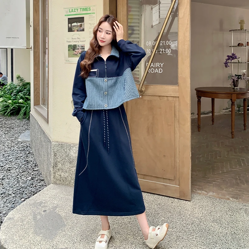 韩系格纹拼接卫衣套装裙女2025年春秋休闲慵懒松弛感半身裙两件套