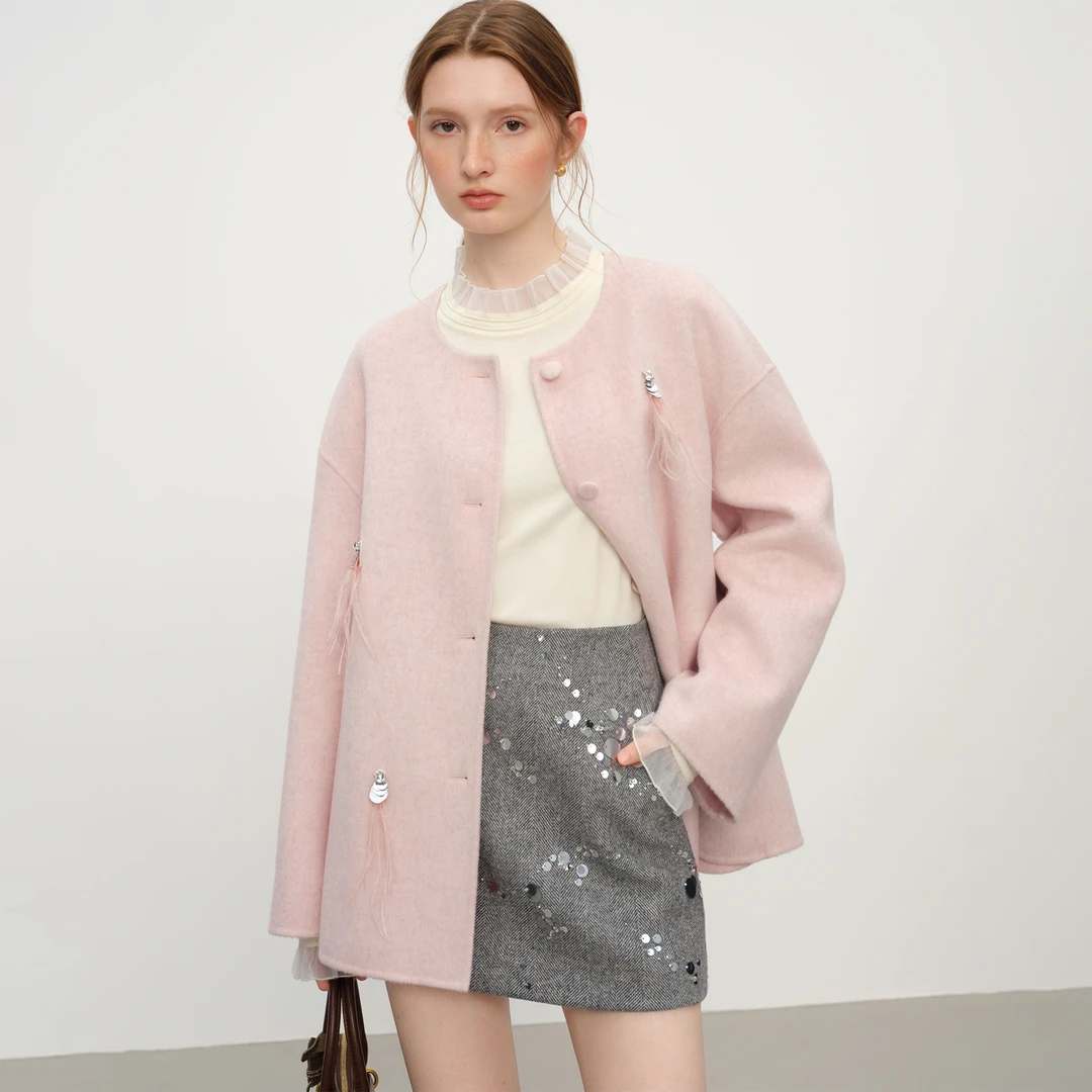 范思蓝恩优雅气质短款毛呢大衣2025冬季新款宽松通勤25FS14174