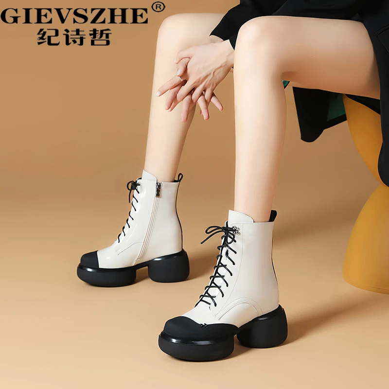 纪诗哲内增高圆头短靴2025秋季新款英伦英伦风黑色女款内增高短靴