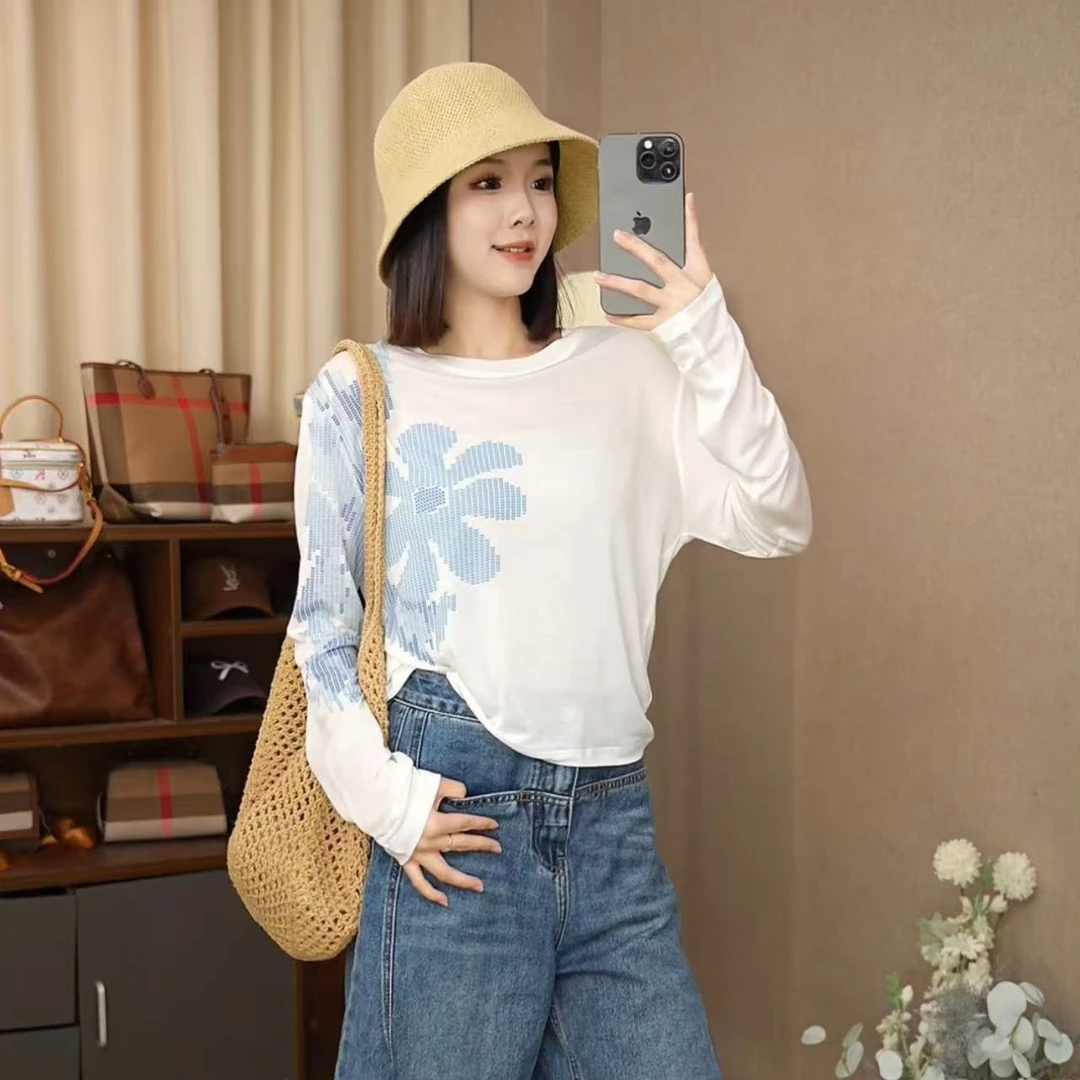 【法式花朵】天丝面膜T恤女2025秋装新款女装薄款长袖防晒衣潮流