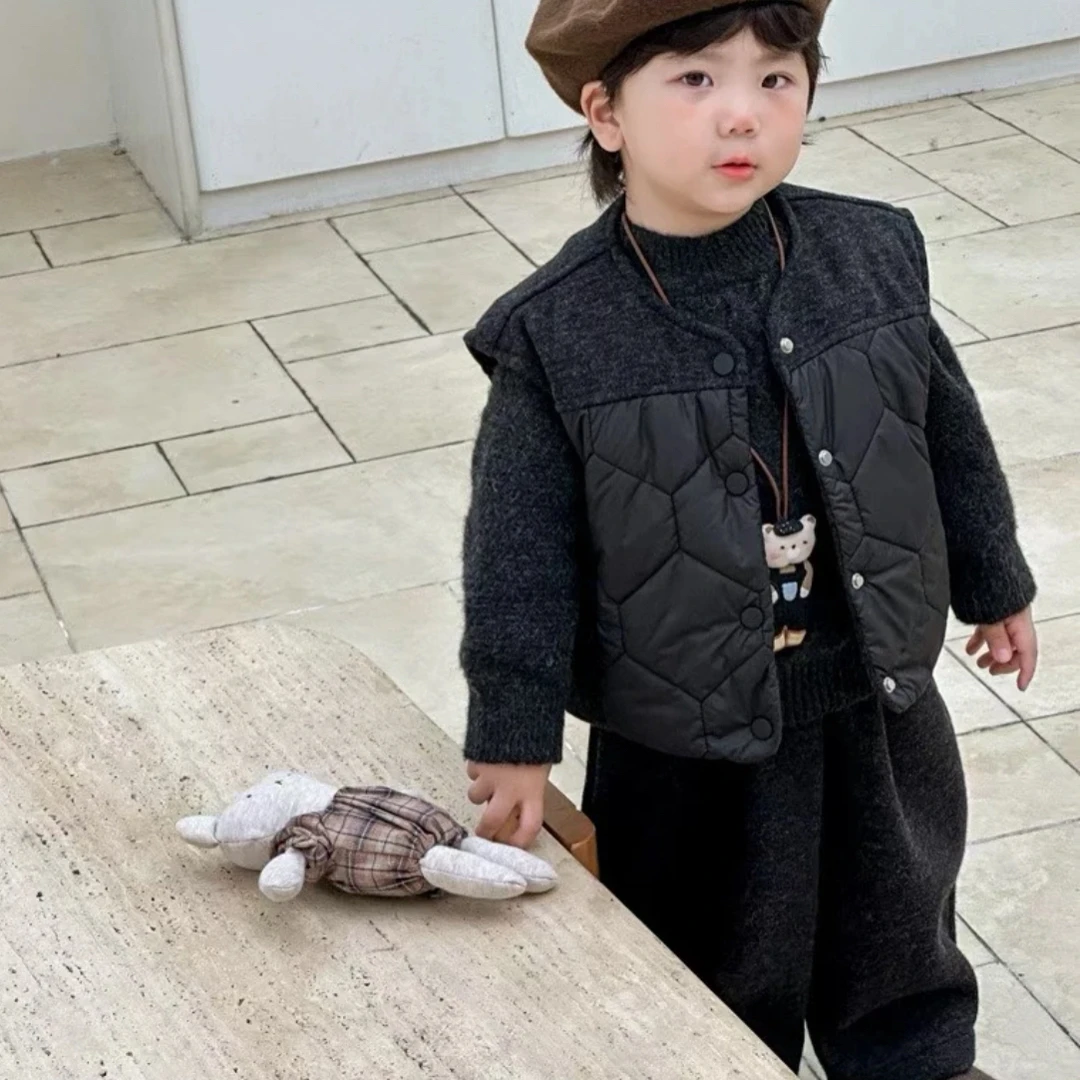 童装秋冬新款儿童男童女童夹棉马甲毛毛连帽外套时尚三件套套装