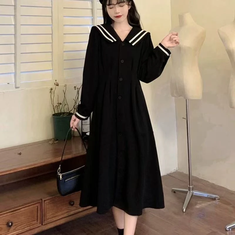 长袖气质收腰复古长裙娃娃领裙子连衣裙单排扣韩版