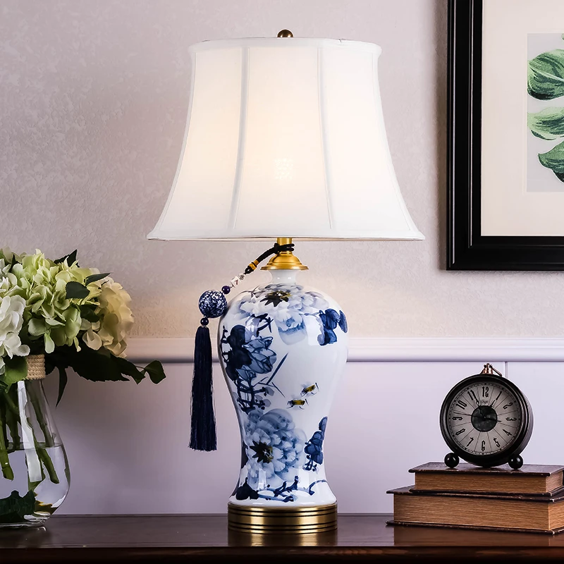 新中式景德镇手绘陶瓷台灯卧室床头客厅别墅酒店会所装饰灯具全铜