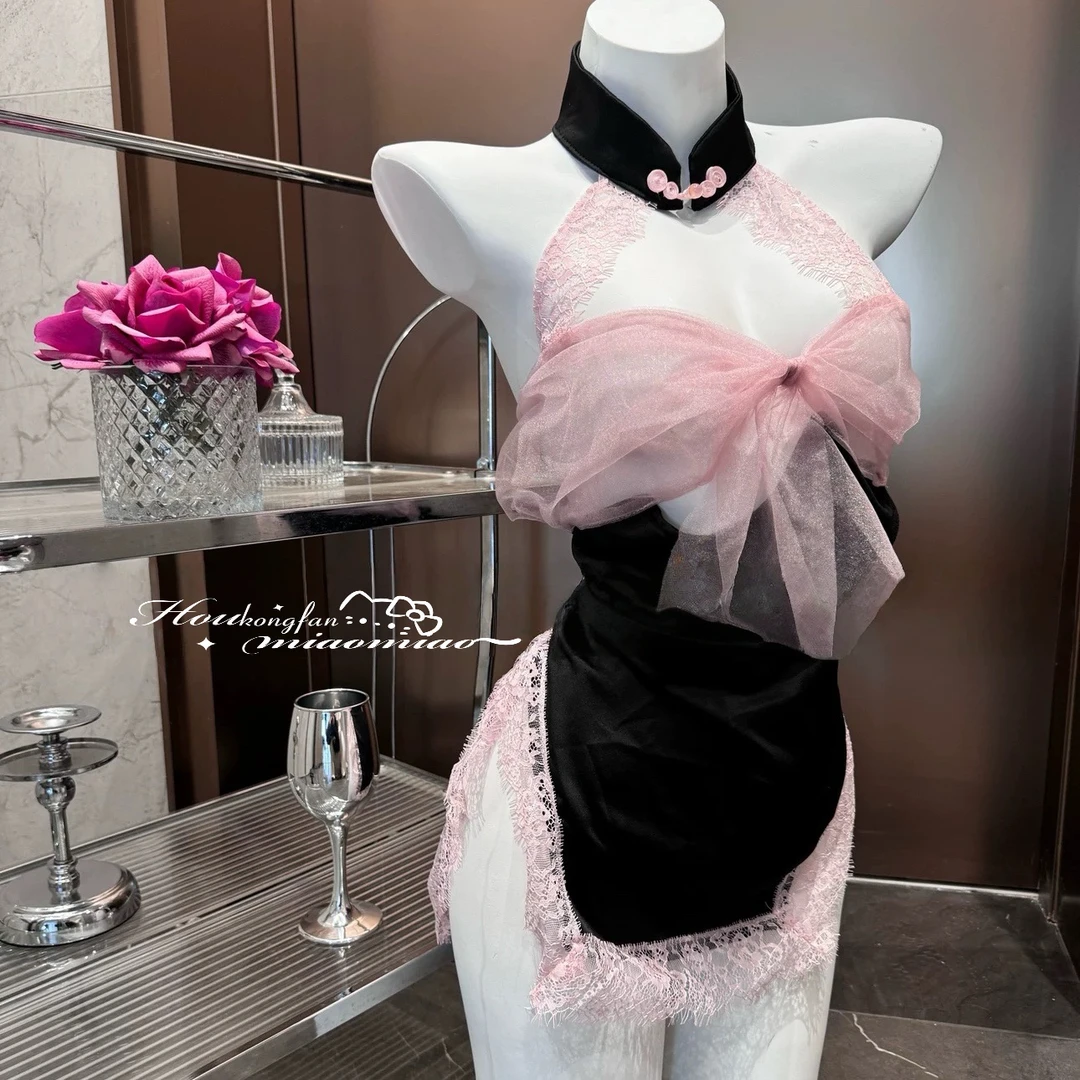 后空翻喵喵[嗲嗲礼物系列]立体感丝带蝴蝶结挂脖蕾丝睡裙