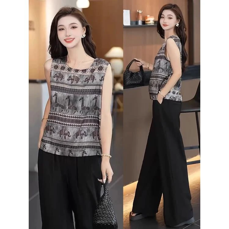 时尚洋气套装女夏季新款复古印花无袖上衣冰丝阔腿裤显瘦两件套潮