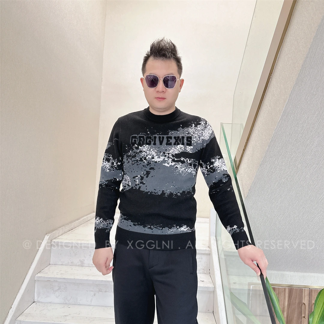 冬季款OD迷彩上提花字母毛衣高端轻奢休闲保暖加厚男士长袖羊毛衫