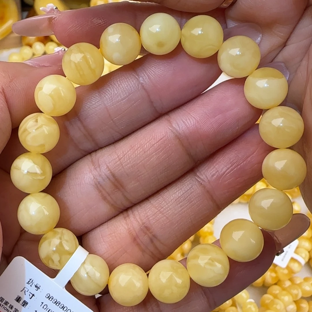 蜜蜡未镶嵌手串白花圆珠手串