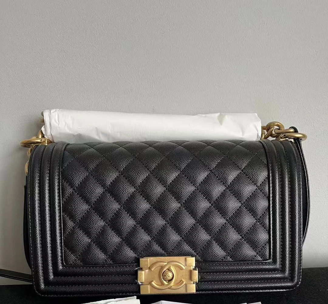 未使用 Chanel/香奈儿 33/黑金中号荔枝leboy/单肩斜挎