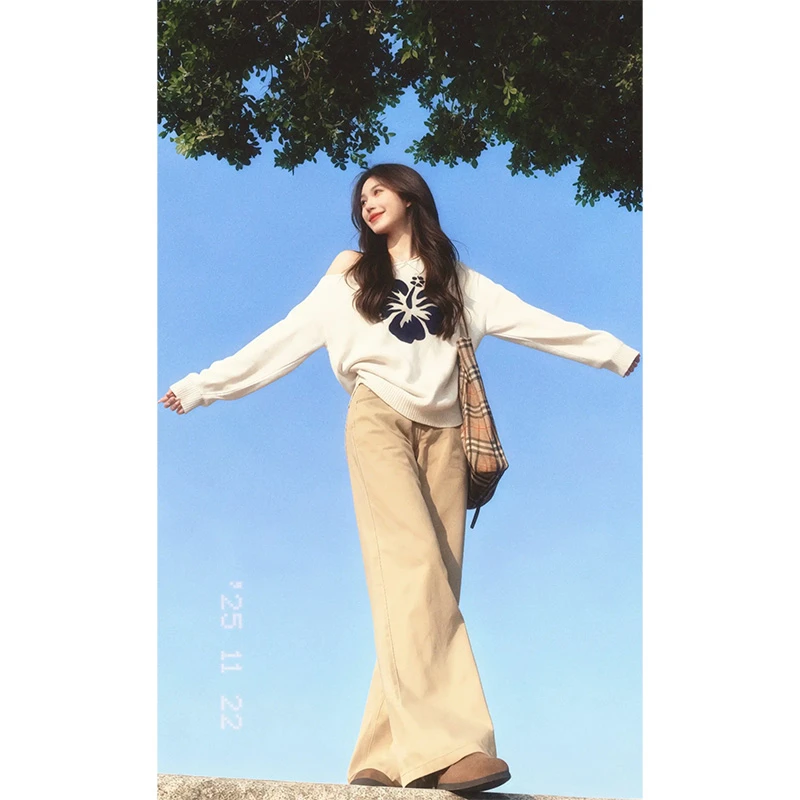 秋冬装搭配一整套巨好看套装女斜肩提花长袖毛衣高腰阔腿裤两件套