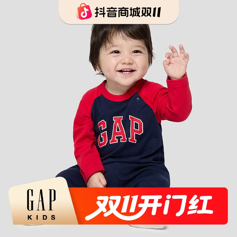 Gap婴儿童装2025秋季新款纯棉logo小熊印花宝宝连体衣805354