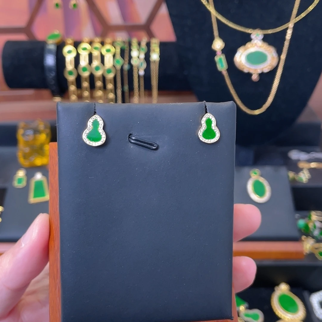 翡翠银S925镀金镶嵌耳饰