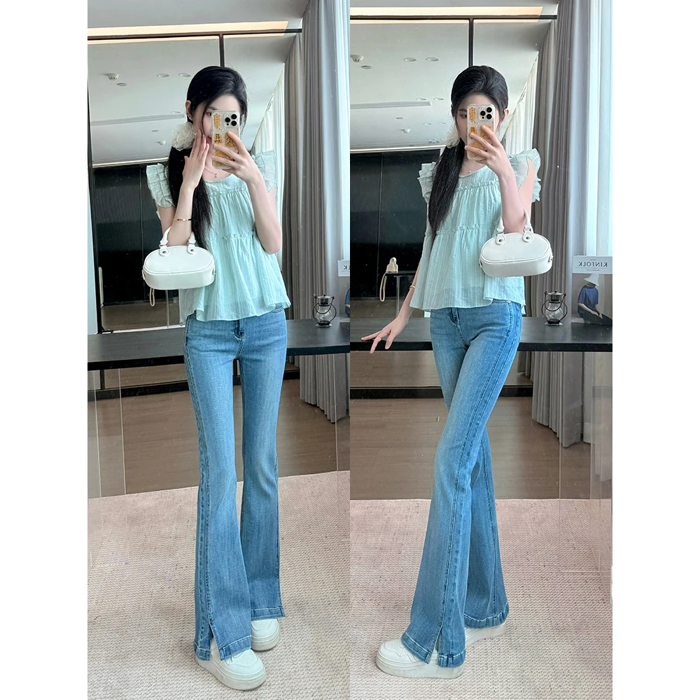 王家有鱼2025夏季新款复古蓝微喇裤女百搭时尚显瘦开衩微喇牛仔裤