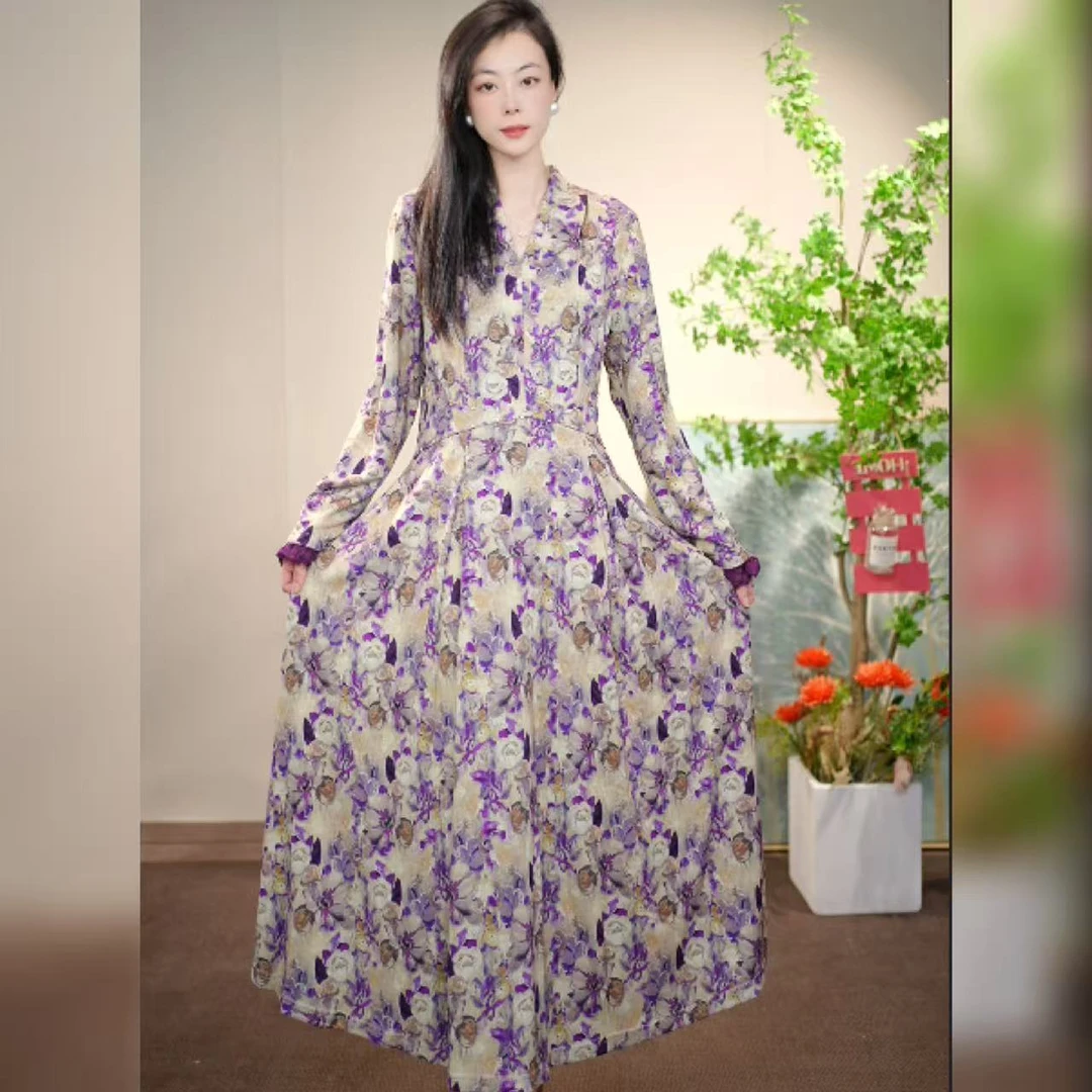 【多米拉】17824-2紫渊夫人早秋新款连衣裙时尚印花长袖百搭法式气