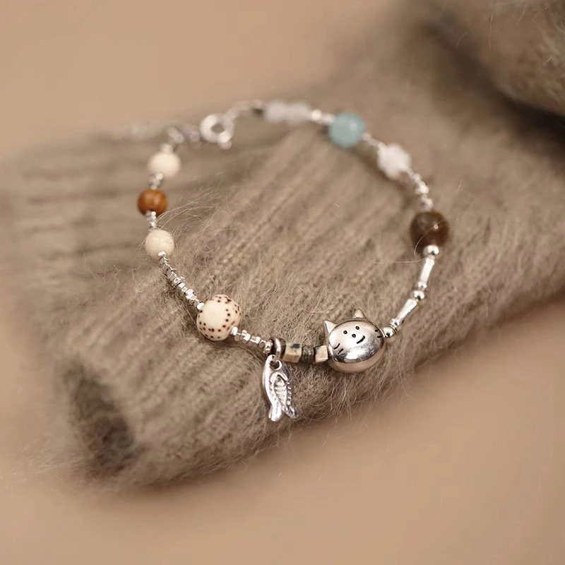 925银木质手链 S925银猫咪碎银子手链女时尚高级感小鱼手环百搭