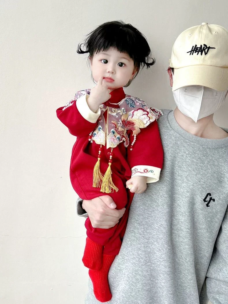 抓周礼服女宝宝一周岁宴唐装中式衣服红色婴幼儿连体衣小月龄秋装