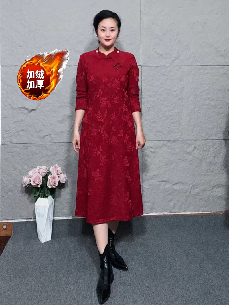 冬季新款新中式旗袍领加绒加厚保暖提花中长款气质显瘦连衣裙34-1