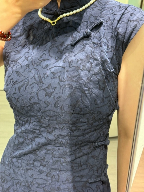 扎染提花复古蓝古法旗袍棉植物纤维单层修身遮肉显瘦长款中式夏季