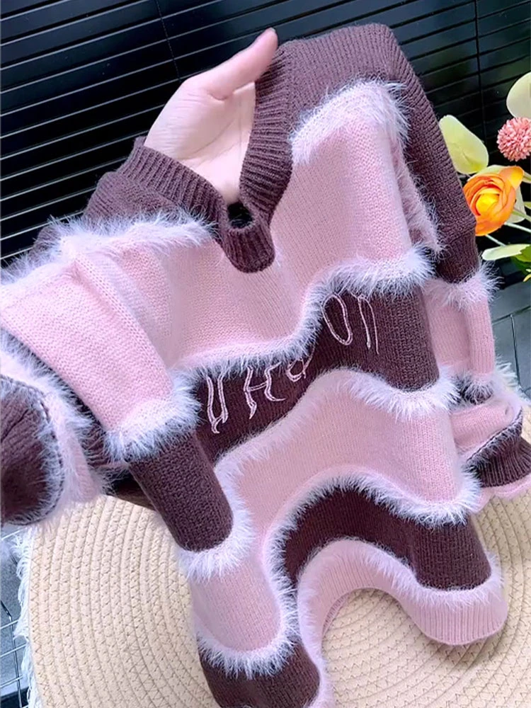 软糯舒适条纹圆领长袖针织衫女2025秋季新款显瘦套头百搭毛衣上衣