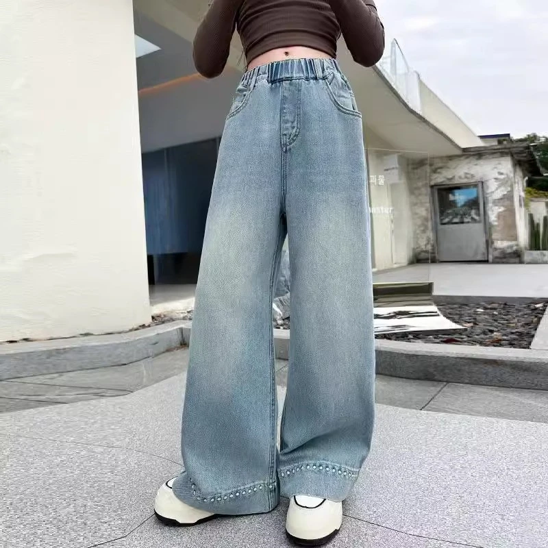 牛仔裤春装中大童新款女孩时髦休闲阔腿裤儿童春秋潮款直筒裤裤子