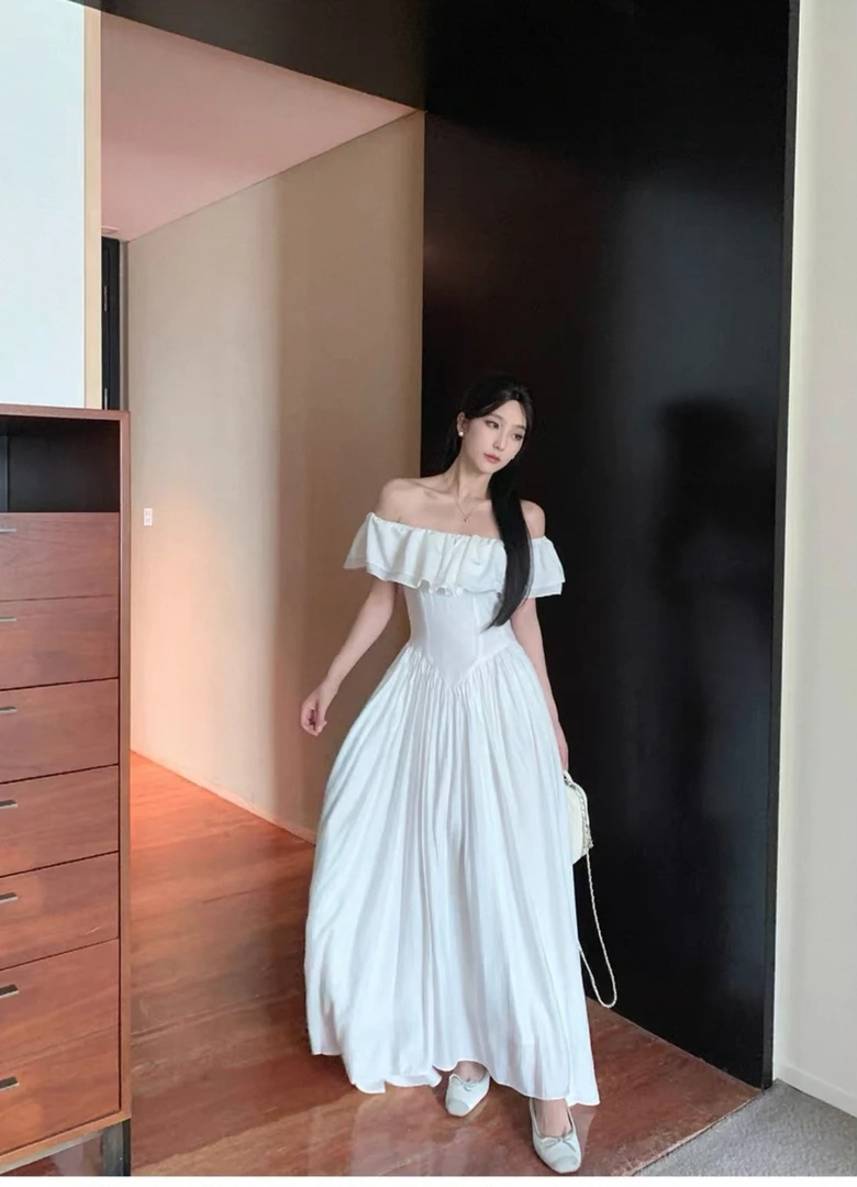 法式夏季长裙夏天ins风连衣裙一字肩傣族风格山系