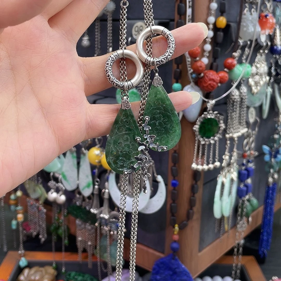 傻***凉翡翠银S925镶嵌耳饰440ghb