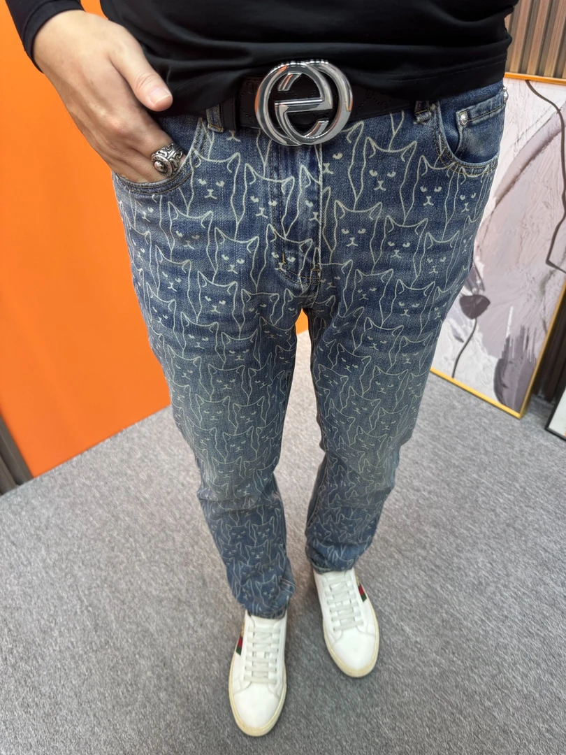 秋冬印花牛仔裤秋季男裤修身直筒弹力时尚个性潮流百搭男长裤子