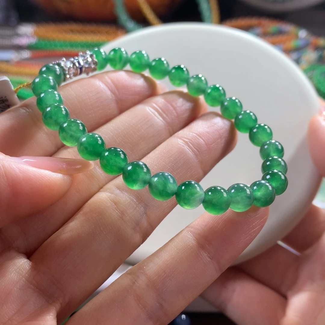 翡翠未镶嵌手链冰绿满色卡6.5