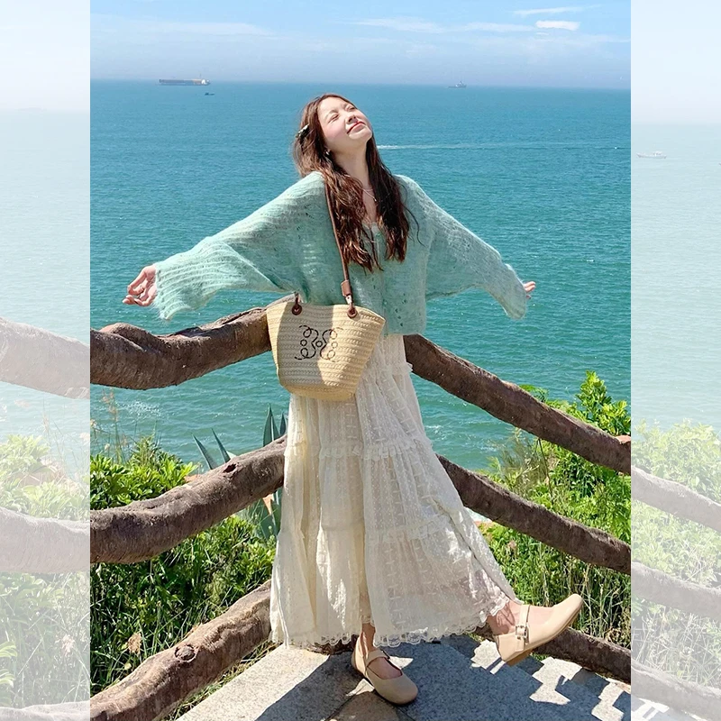 法式绿色宽松慵懒针织罩衫长袖女2025新款春季少女穿搭多巴胺上衣