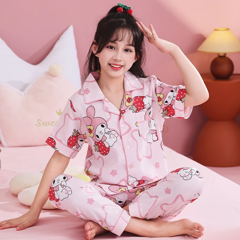 儿童睡衣女童夏季云朵棉短袖长裤薄款中大童小女孩空调家居服套装