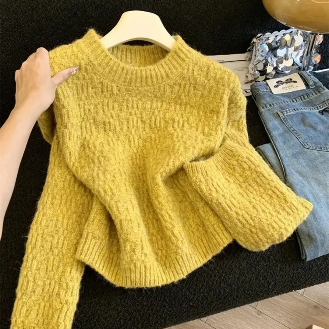 韩系慵懒风美拉德甜美黄色软糯加厚圆领秋冬长袖针织毛衣女上衣