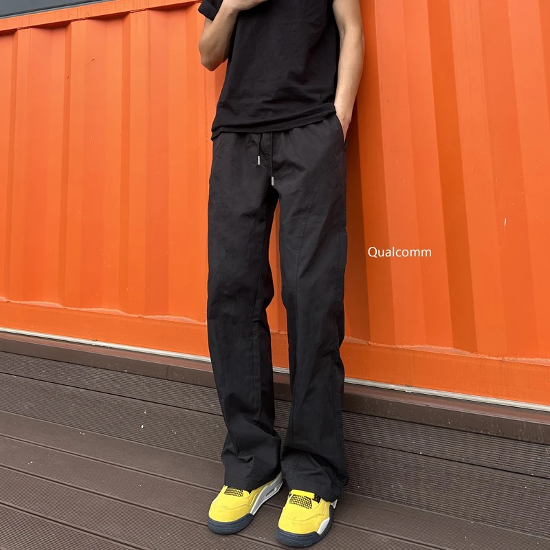 QUALCOMM春夏百搭黑色休闲裤男美式斜切显瘦显高cleanfit微喇长裤