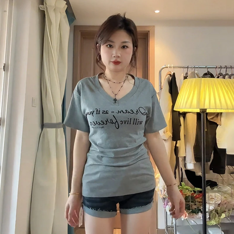 【8635】大码女装胖mm美式复古v领正肩短袖t恤夏季遮肉显瘦灰色上衣