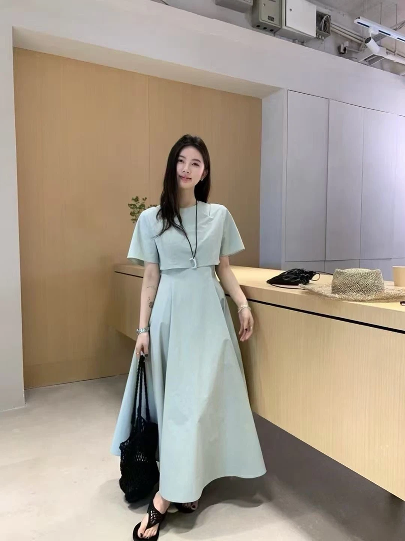 WHMT@8898 韩系漏肩设计感纯色假两件连衣裙 6-8